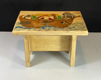 Handmade Wooden Stepstool, Hand Stenciled Noah's Ark Top