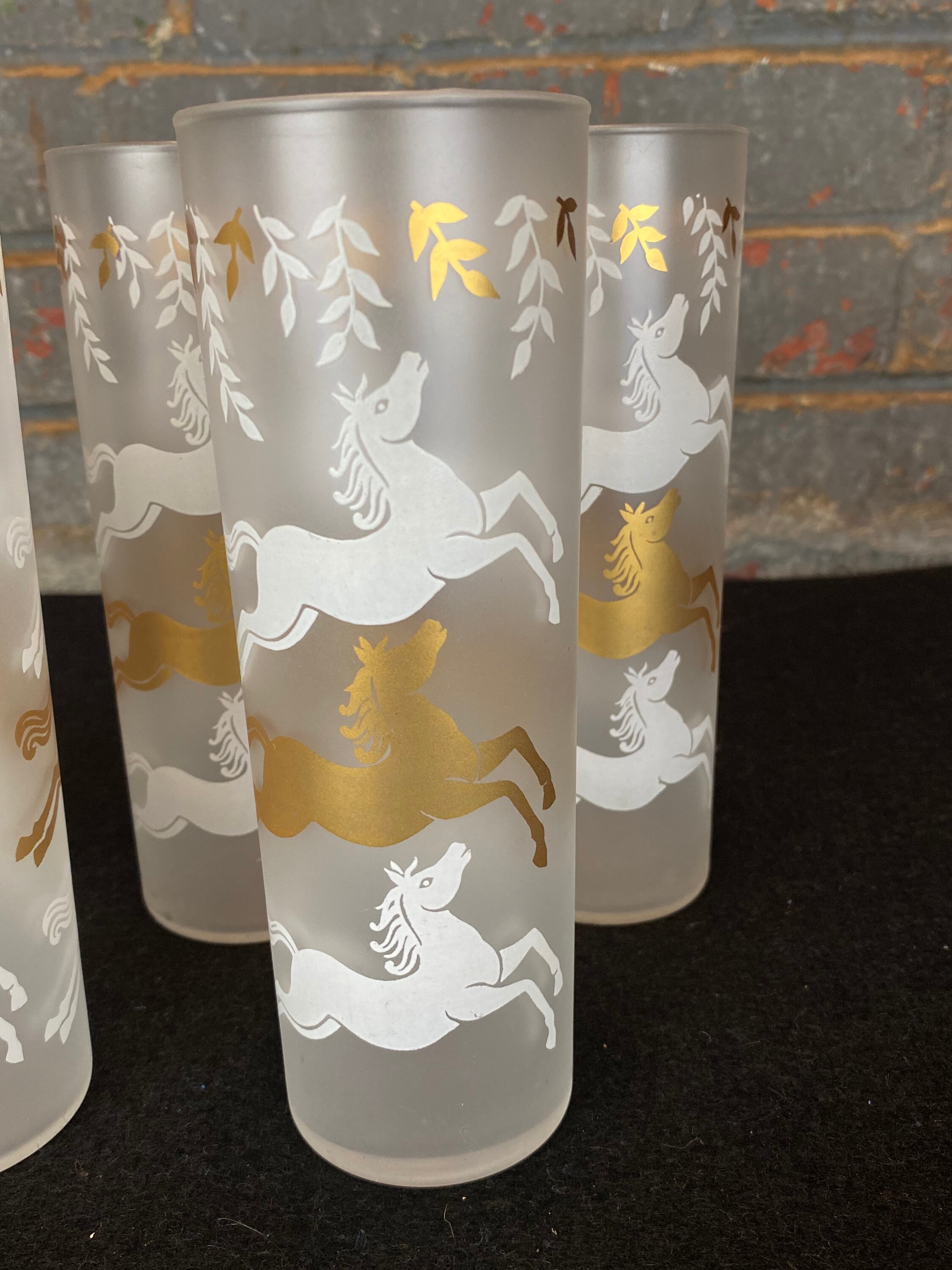 5 Mid Century Frosted Highball Glasses with 3 Deer, Set of 5 Tom