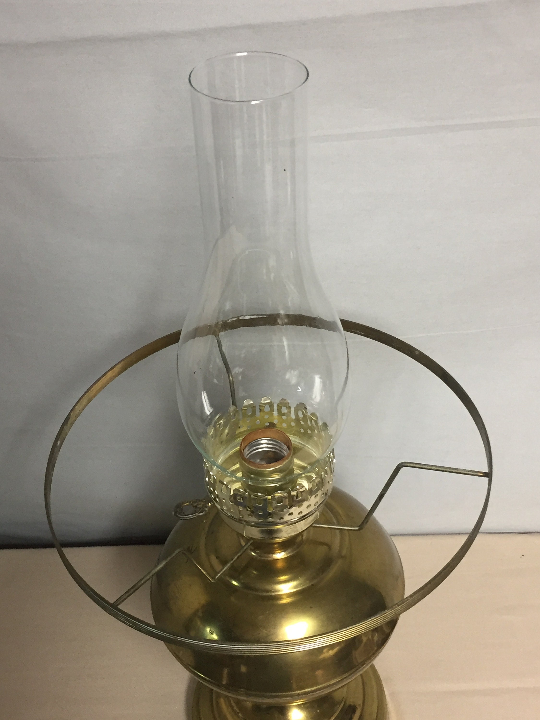 Vintage Brass Tone Oil Style Electric Hurricane Lamp with Fluted Milk