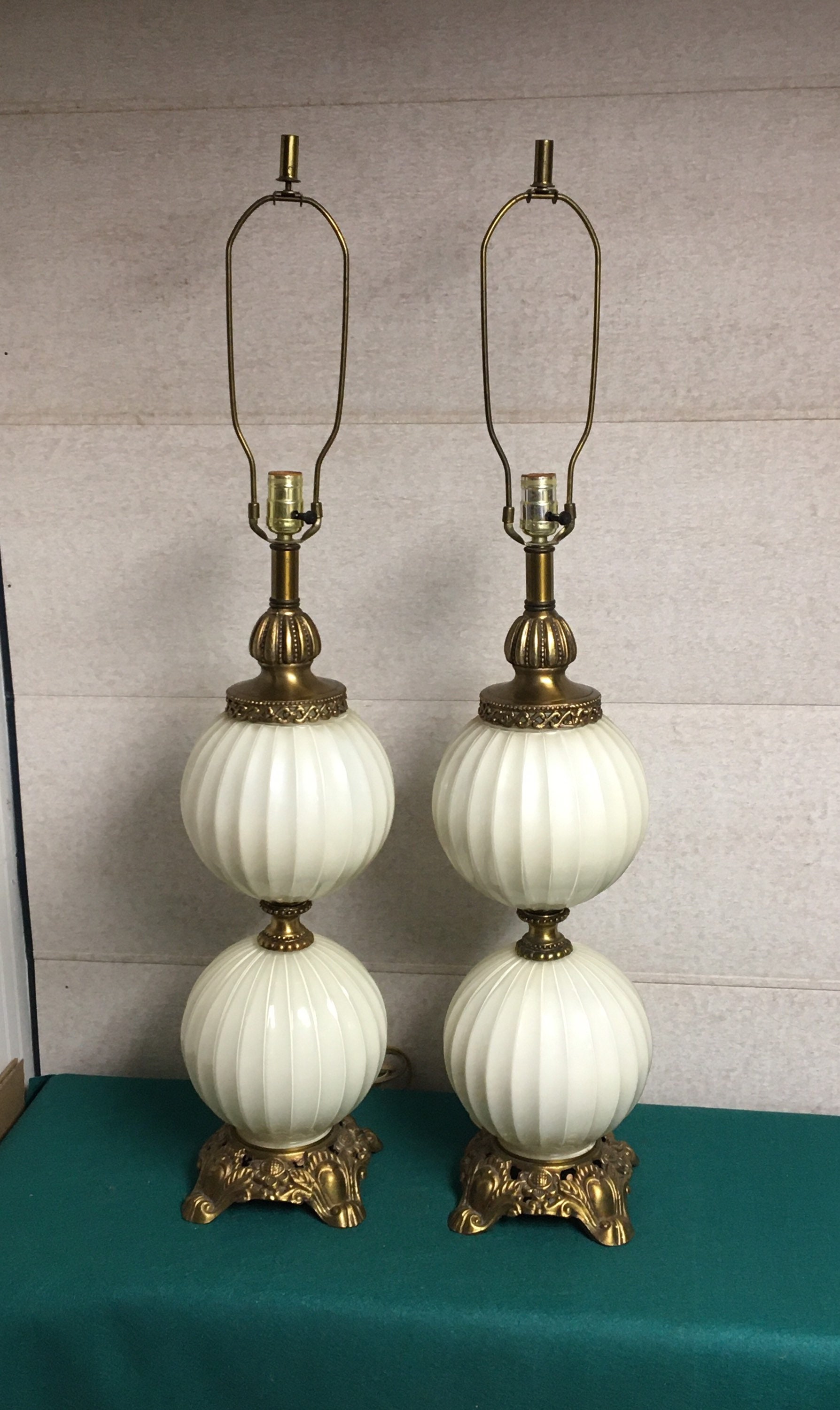 Pair of Mid Century Opaque Glass Ball Globe Table Lamps, Signed D & B 1009