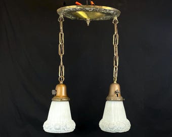 Antique Brass 2 Chain Pendant Light  w/ Embossed Glass Shades, 1930's Pan Light, NEW WIRING