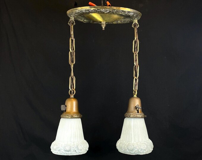 Featured listing image: Antique Brass 2 Chain Pendant Light  w/ Embossed Glass Shades, 1930's Pan Light, NEW WIRING