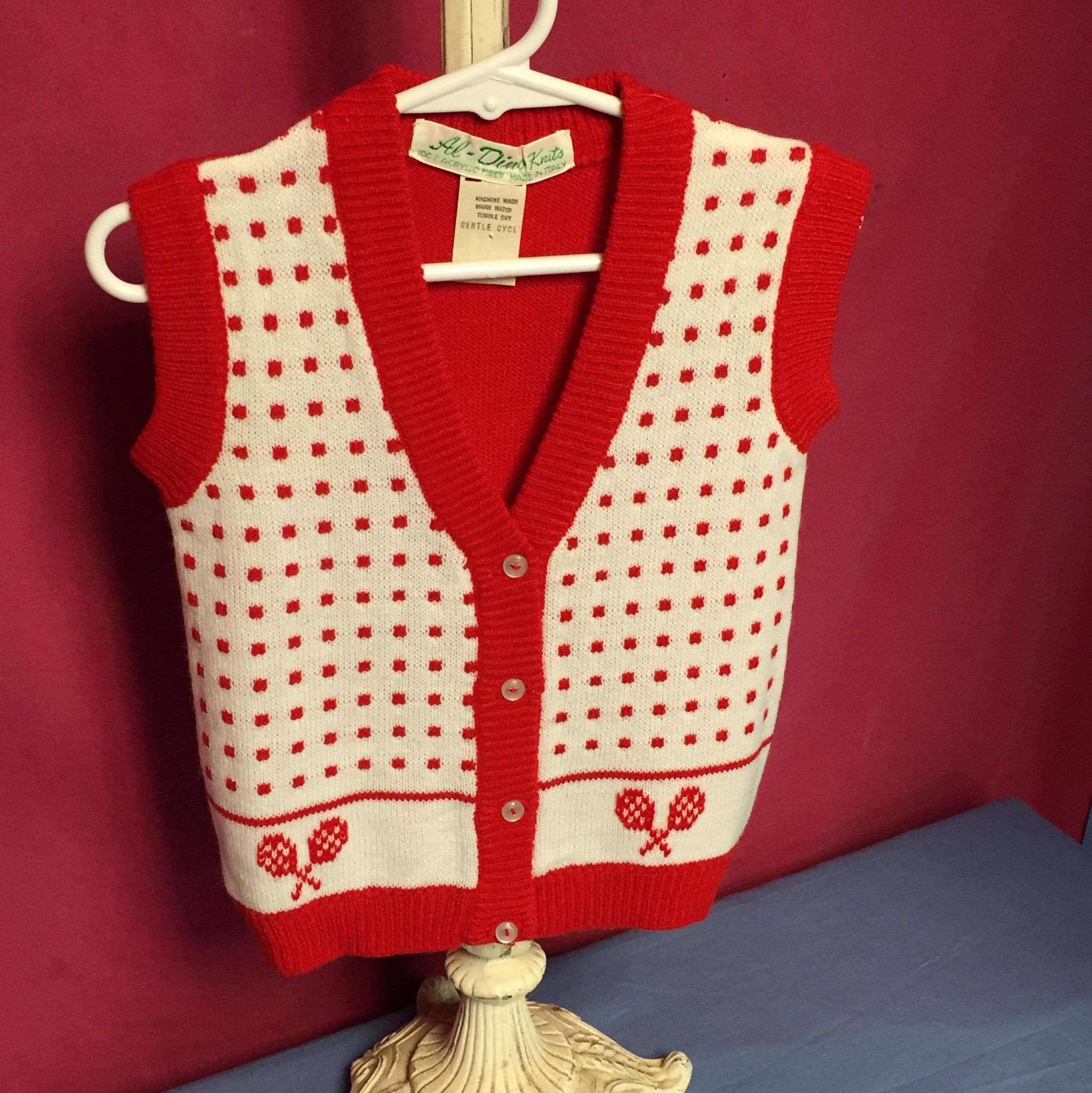 Vintage AlDino Knit, Red and White Tennis Sweater Vest, Button Down Sweater Vest, Made in Italy