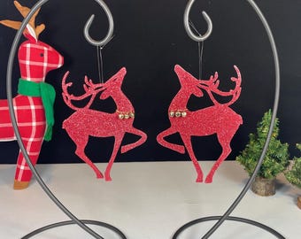 Set of 2, Red Glitter Prancing Reindeer Ornaments with Jingle Bells