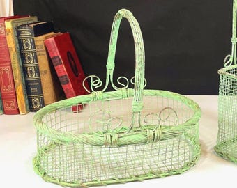 Oval Green Wicker & Wire Basket with Handle, Hand Painted Vintage