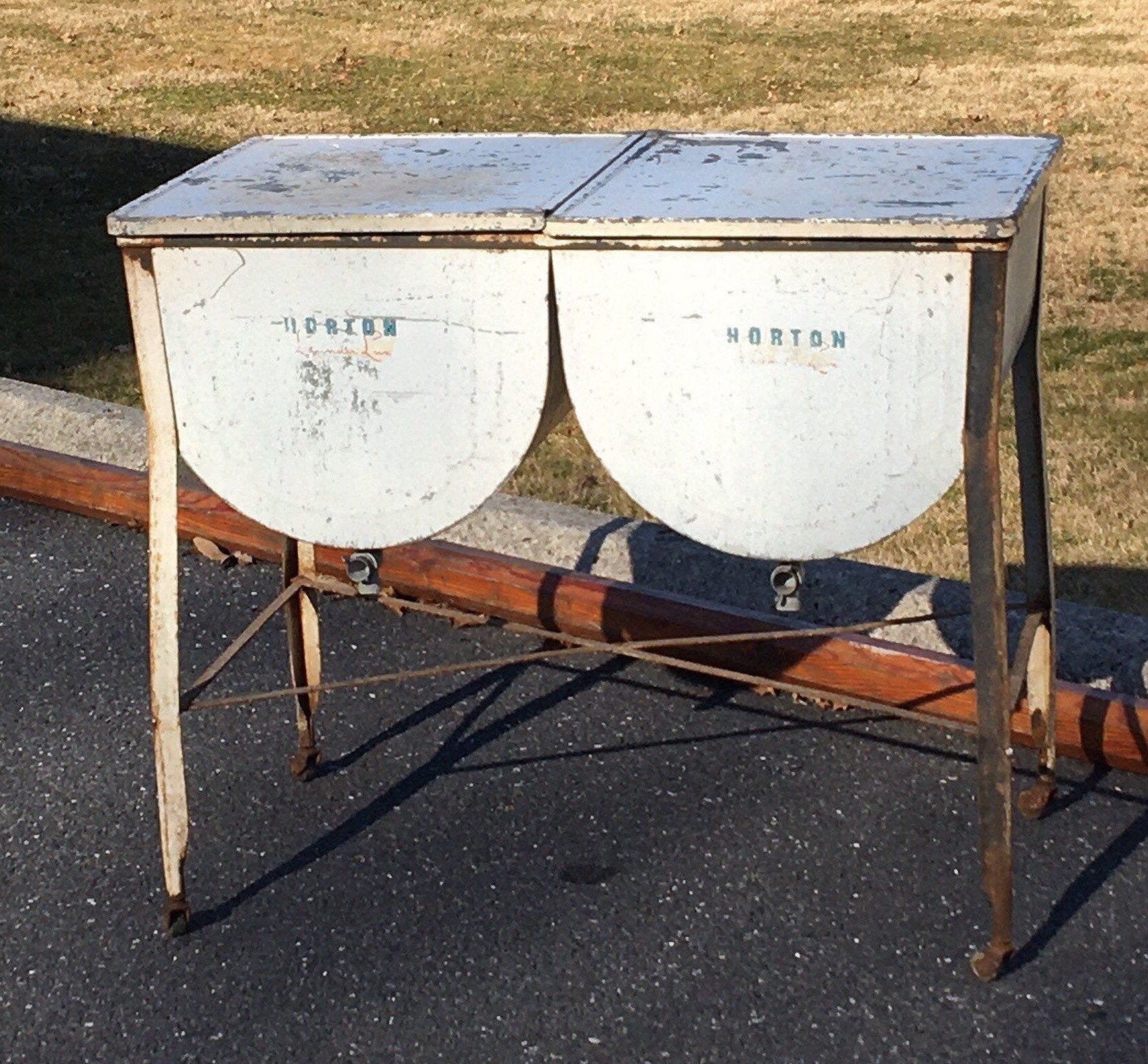 Vintage HORTON Galvanized Double Wash Tubs W/Lids & Stand, Mid Century