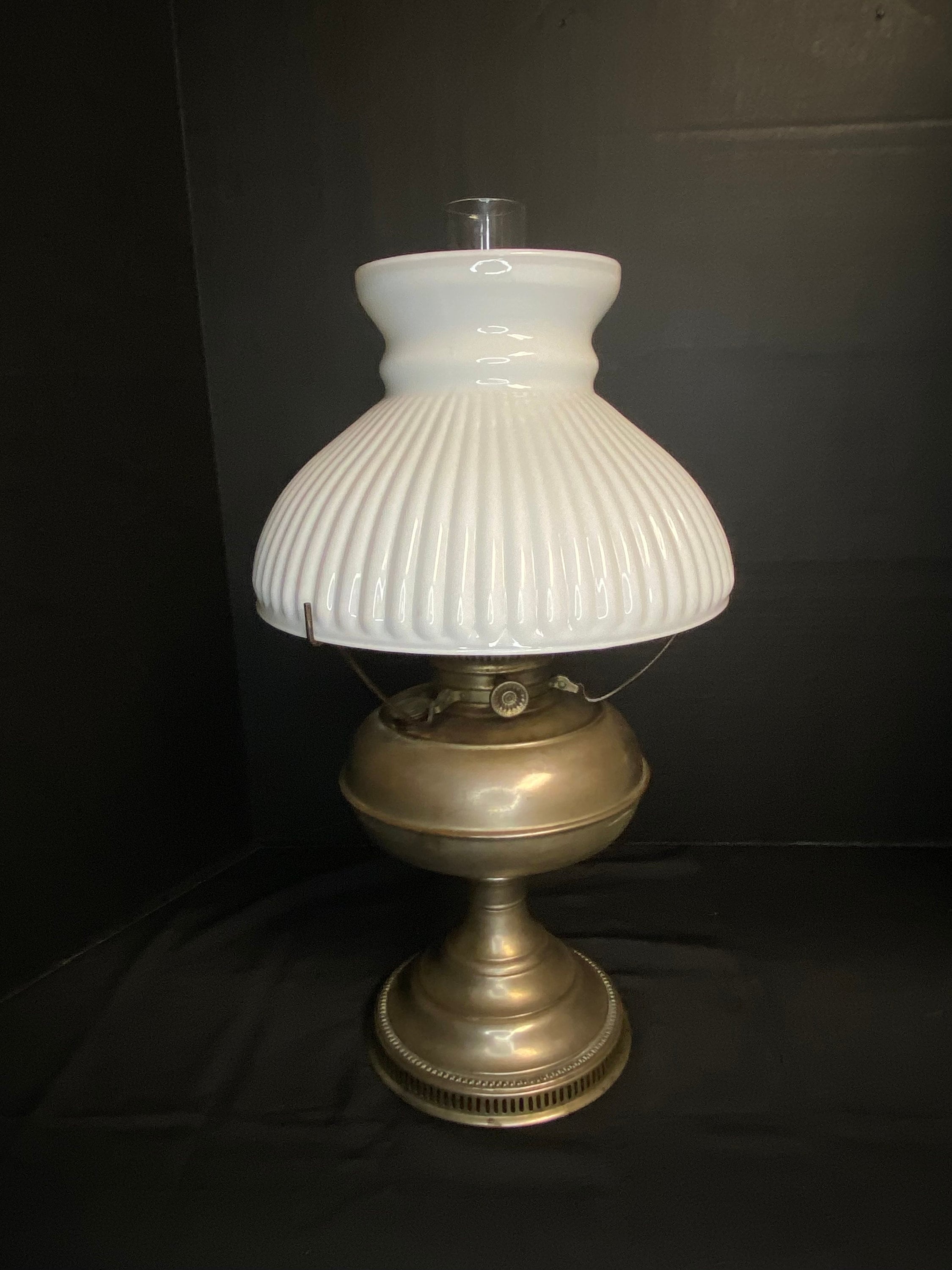 Vintage RAYO Nickel Plated Oil Hurricane Lamp with Aladdin Milk Glass Shade