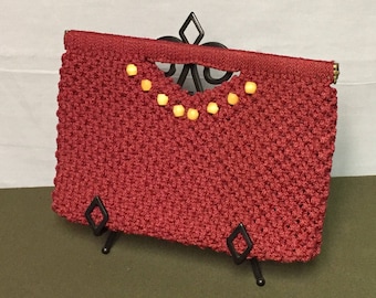 Red Macrame Clutch, Wooden Bead Decoration, Flex Frame Purse