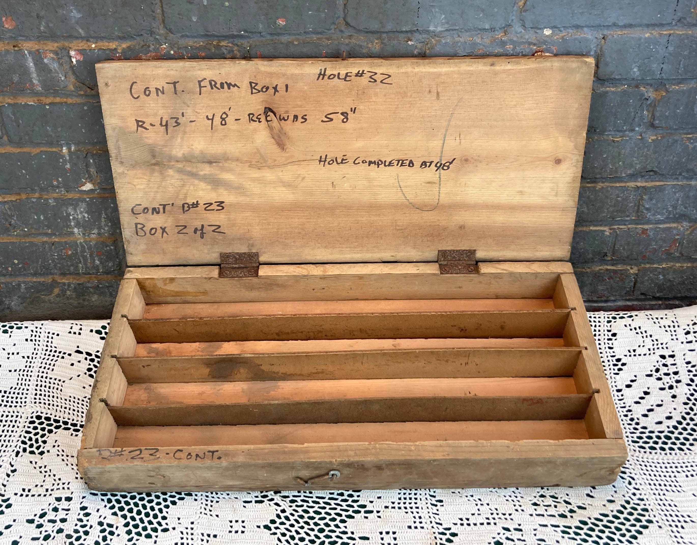 Early 1900's Rustic Wooden Storage Box with Dividers and Hinged Lid