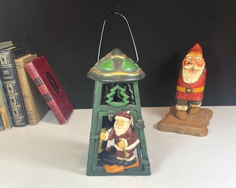 Cast Iron Hanging Lantern, Santa Skiing Tealight Candle Holder