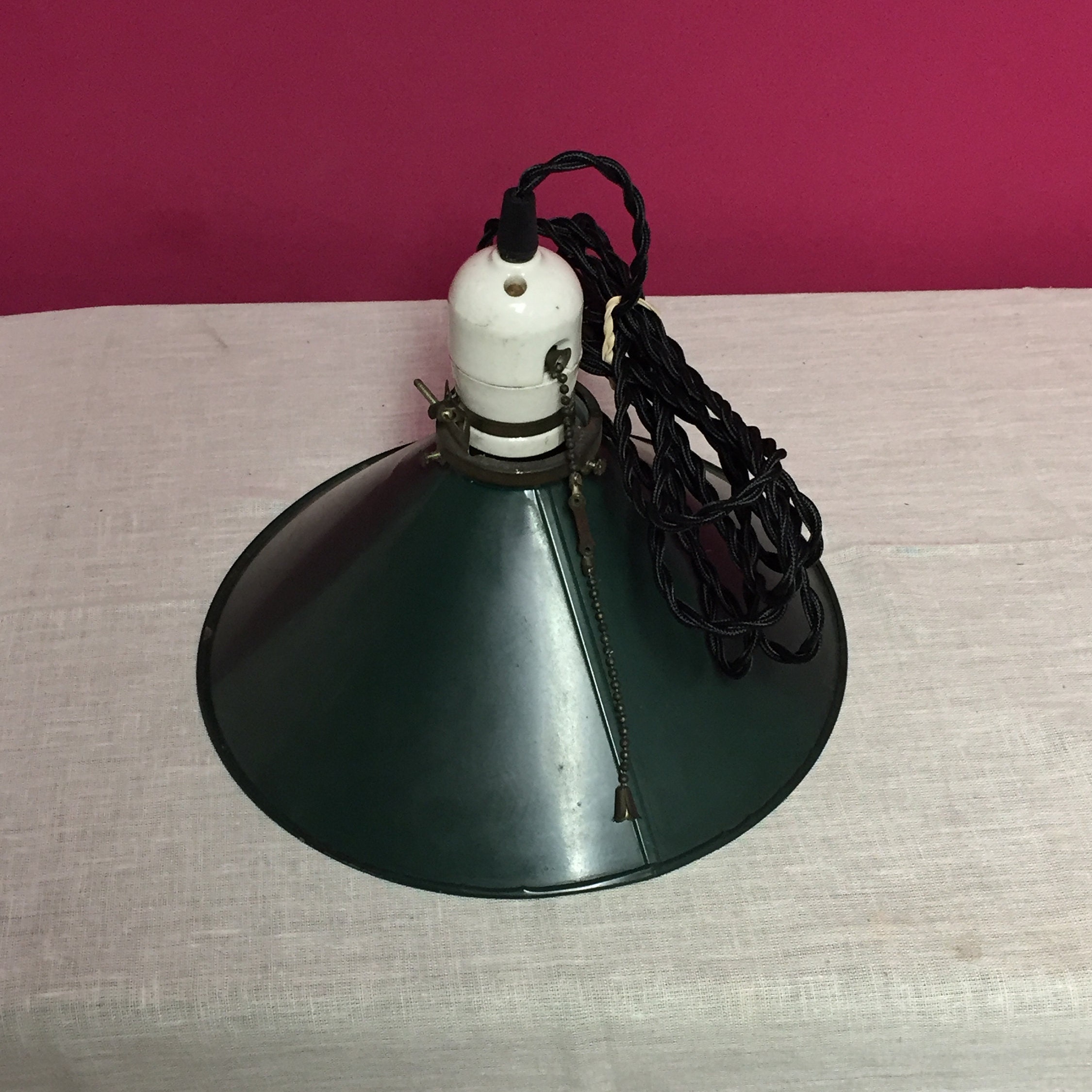 Old Industrial Green Metal Pendant Barn Light Fixture with Porcelain