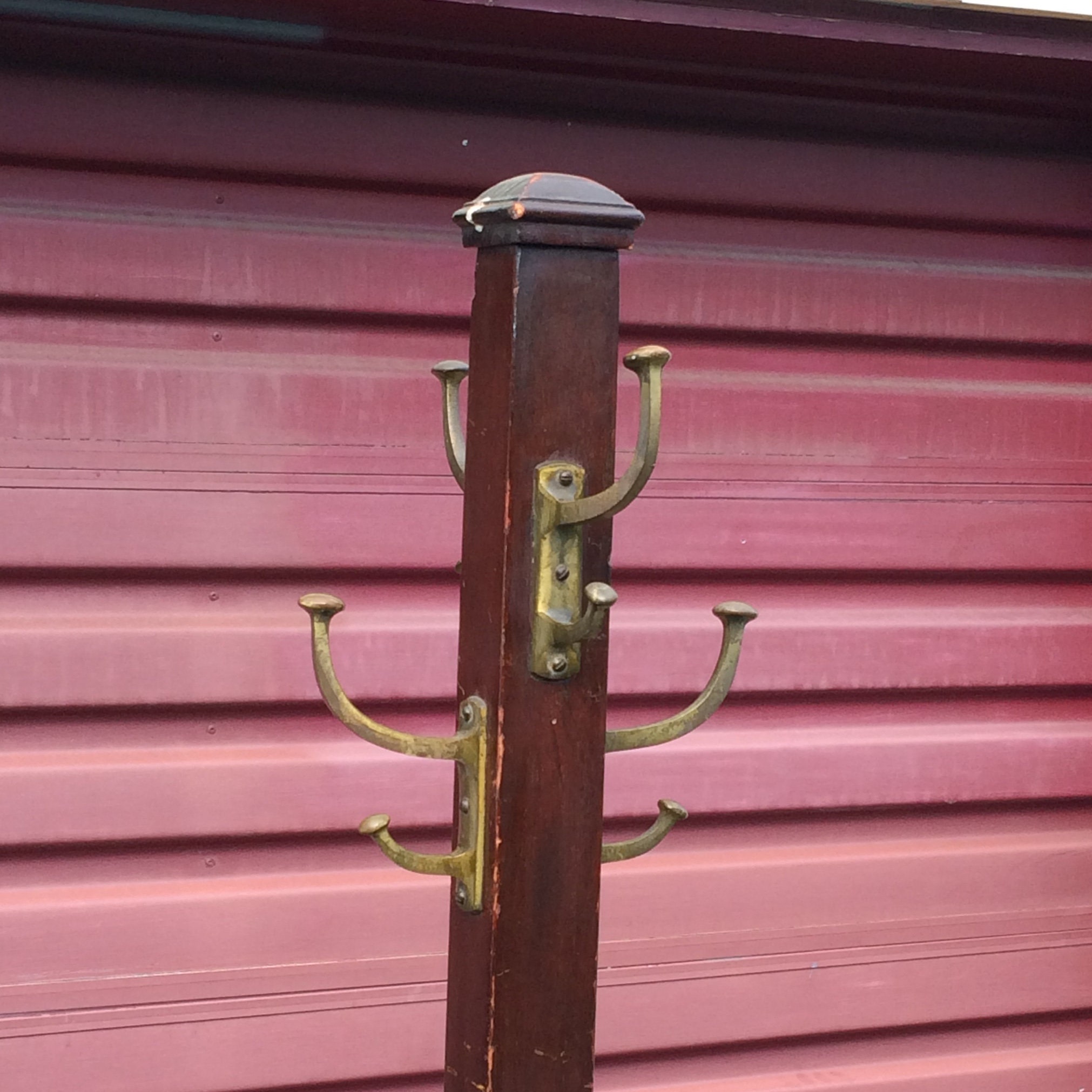 Antique Globe Wernicke Wooden Coat Tree Rack with Brass Hooks