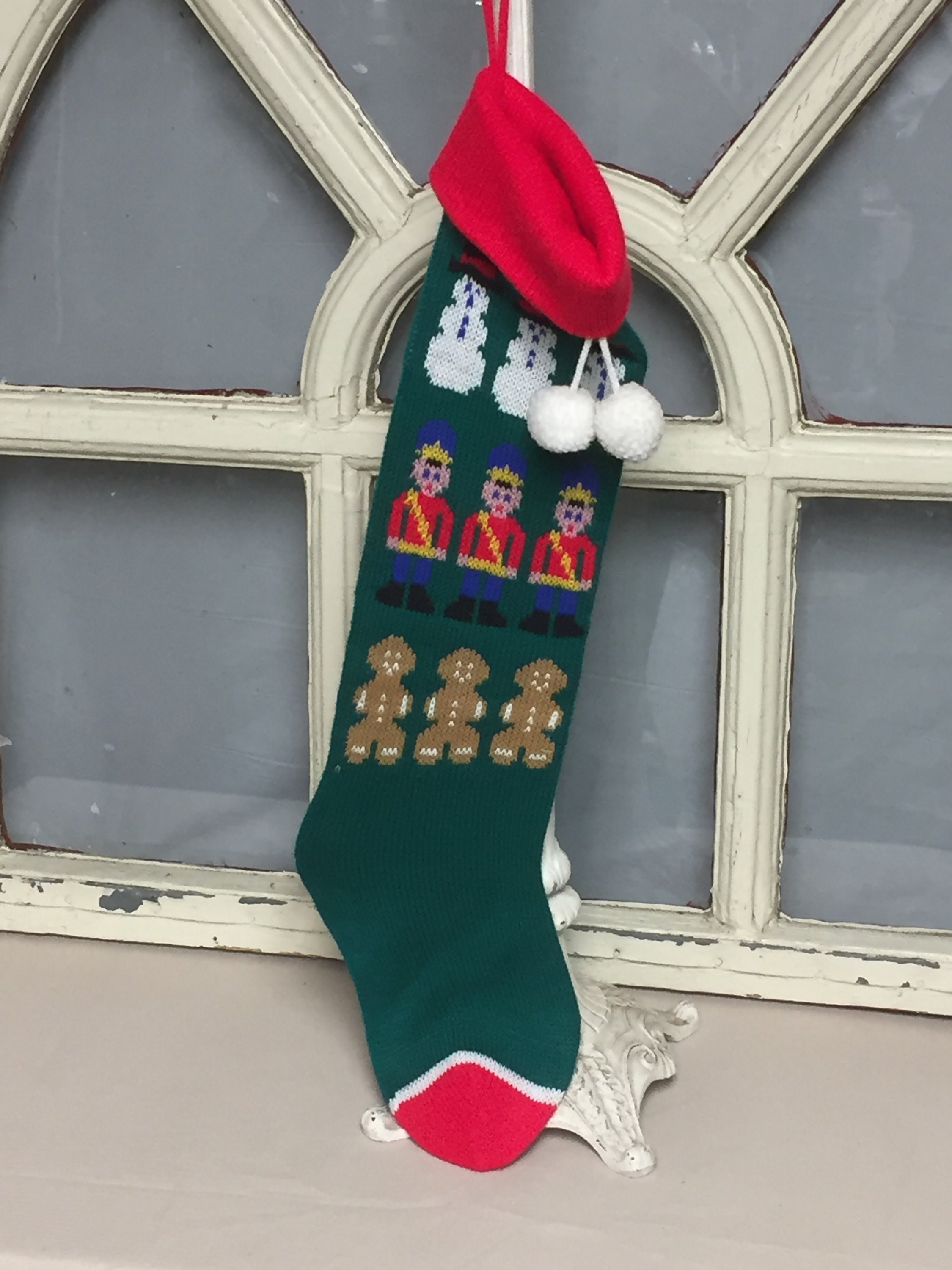 Knit Christmas Stocking, Vintage Knit Stocking, Snowman, Nutcracker and
