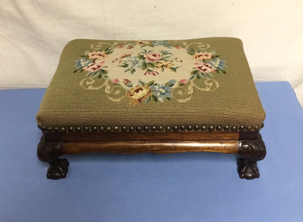 Victorian Needlepoint Footstool with Claw Feet, Queen Anne Style Wooden Stool, Padded Top