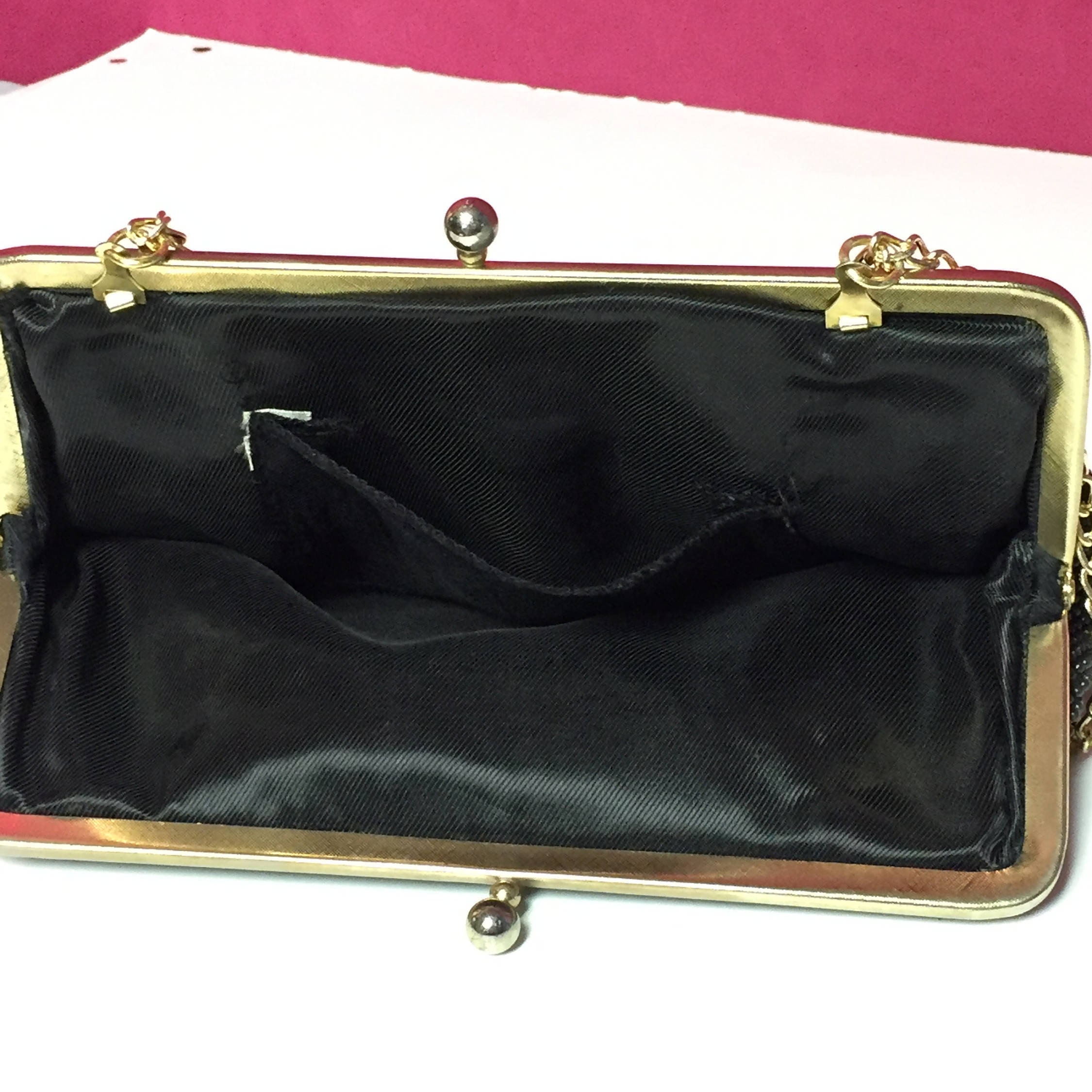 Black Beaded Clutch, Evening Bag with Hideaway Chain Strap