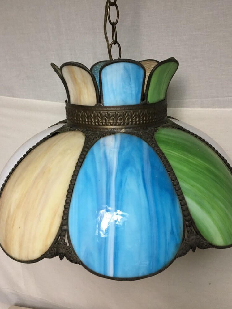 A 1970's Bent Slag Glass Hanging Light Fixture Chandelier