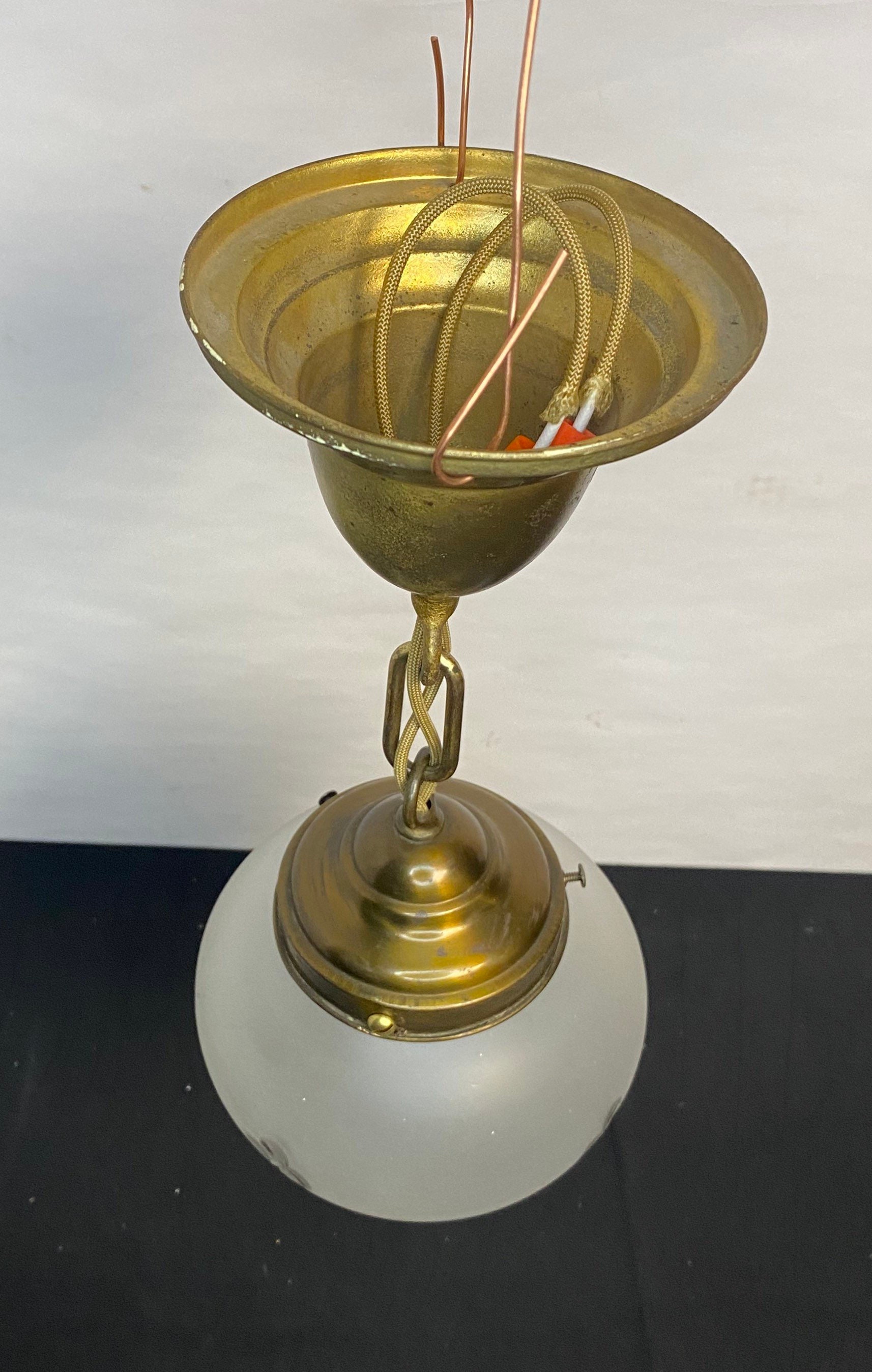 Antique 1930's Hanging Brass Pendant Light, Frosted Etched Glass Globe