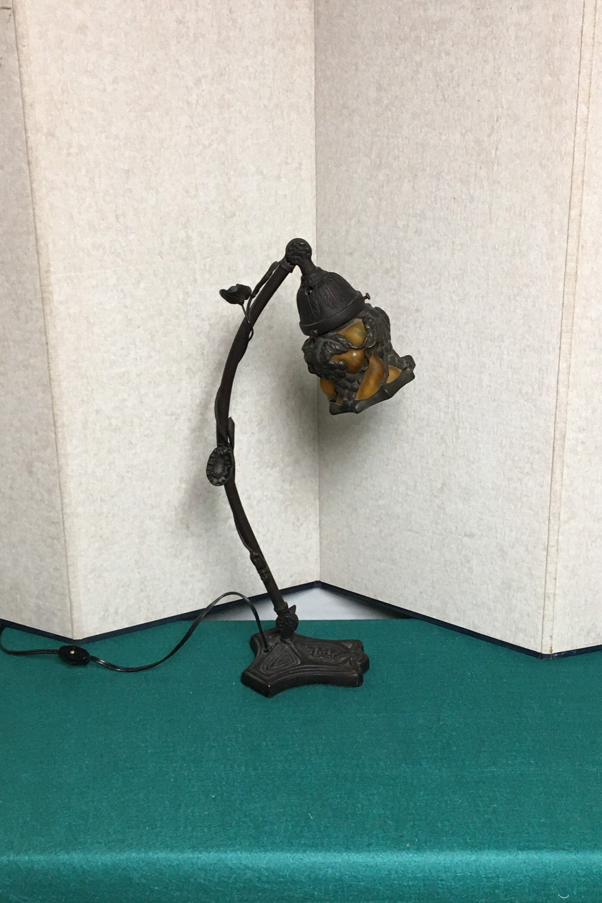 Gothic Cast Iron Gooseneck Desk Lamp with Amber Glass Globe