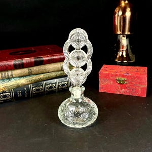 Vintage Pressed Glass Perfume Bottle: Art Deco Floral Stopper