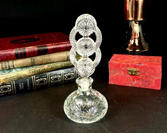 Vintage Pressed Glass, Crystal Perfume Bottle With Large, Pressed Glass, Oval, Cut out Floral, Stopper