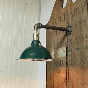 Original Green Metal Barn Light Electric Fixture Wall Sconce, Industrial Light Shade