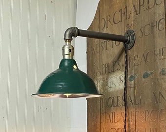 Original Green Metal Barn Light Electric Fixture Wall Sconce, Industrial Light Shade