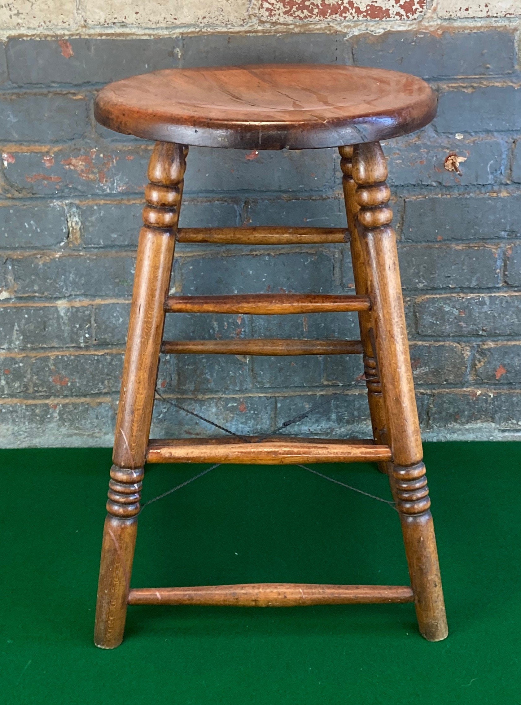 1940’s Wooden Farm Stool with Round Seat, 22 Tall Primitive Farmhouse Stool