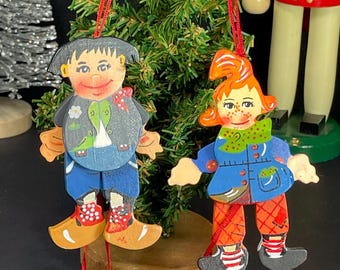 German Wooden Pull String Ornaments, Jumping Jack, Pair of Two (2)