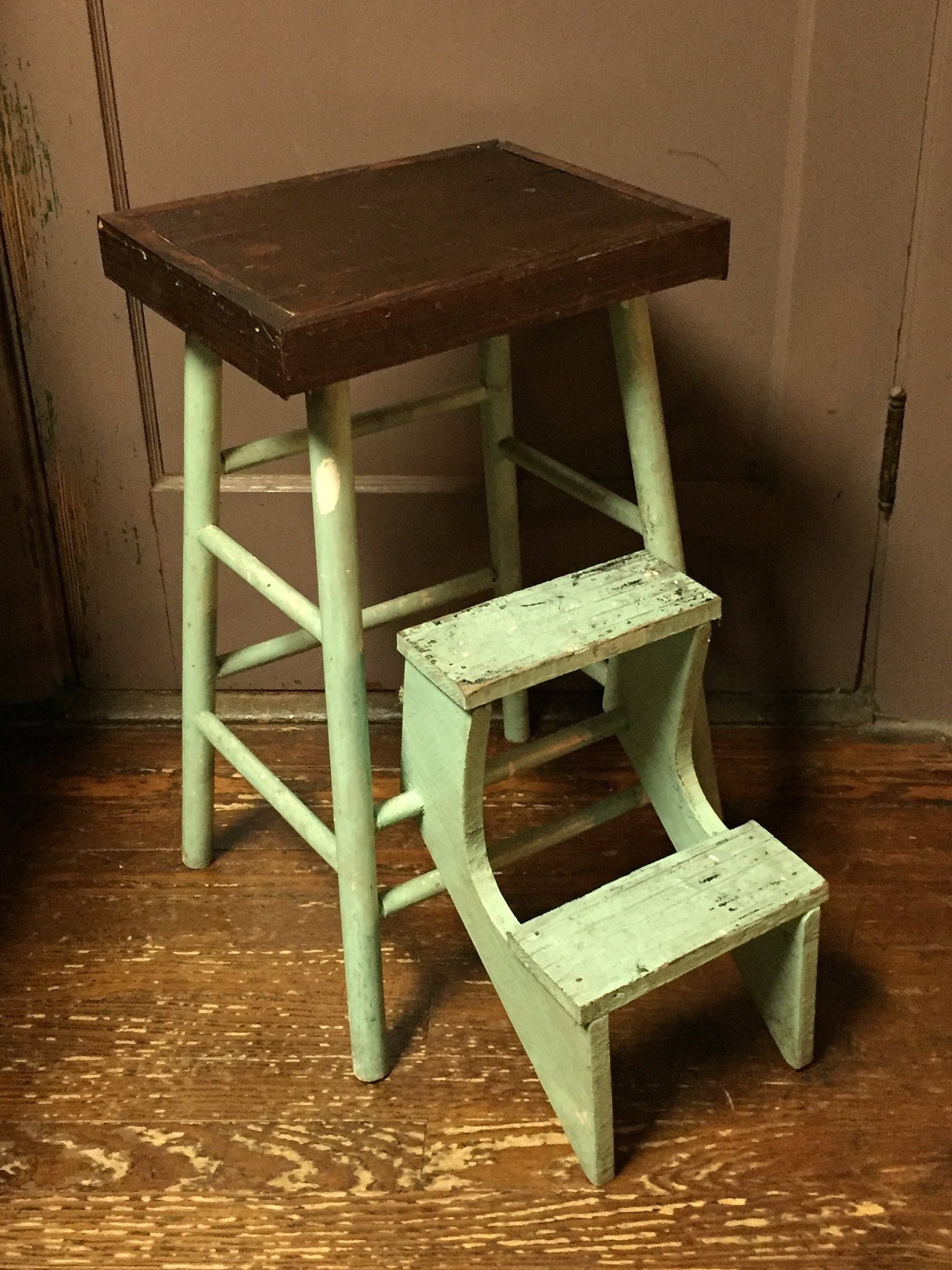 Unique Vintage Wooden Stool with 2 Folding Steps, Step Stool, Plant ...