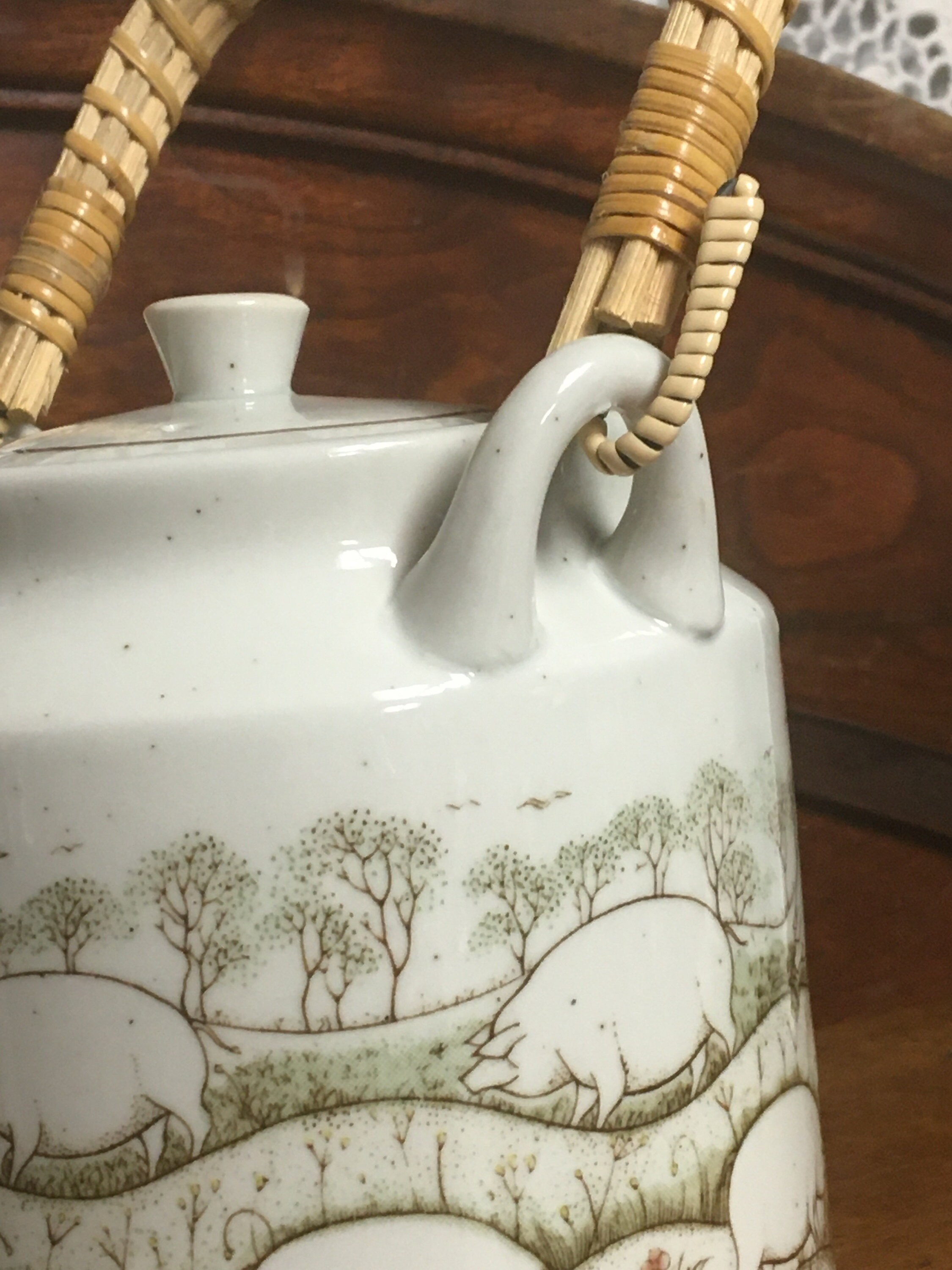 Pig Stoneware Teapot with Six Cups, Mid Century Japanese Tea Set