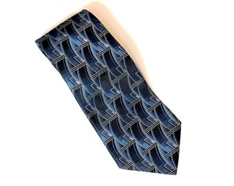 Murano Italia Silk Tie, Blue and Black Geometric Pattern