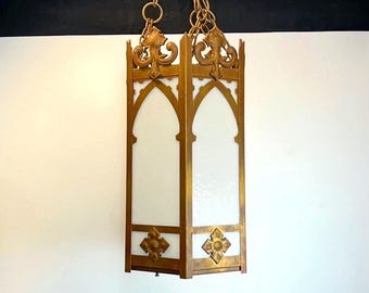 Antique Church Pendant Light: Slag Glass & Brass, Gothic, REWIRED