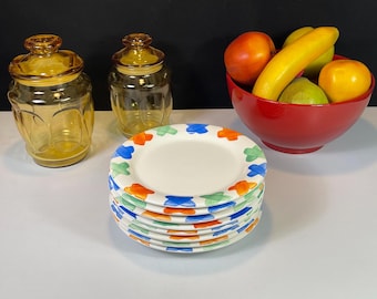Pier 1 Imports, 8" Plates, Hand Painted Orange, Blue and Green X's, Made in Italy, Set of Eight (8)