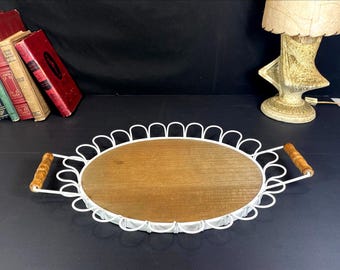 French Style Oval Tray With Handles, White Wrought Wire with Wood Base