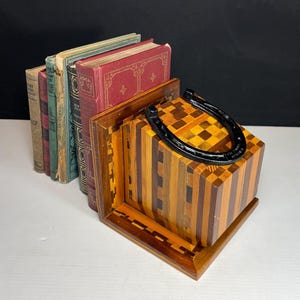 Unique, Handmade, Inlaid Wood, Butcher Block Bookend with Cast Iron Horseshoe