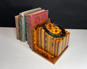 Unique, Handmade, Inlaid Wood, Butcher Block Bookend with Cast Iron Horseshoe