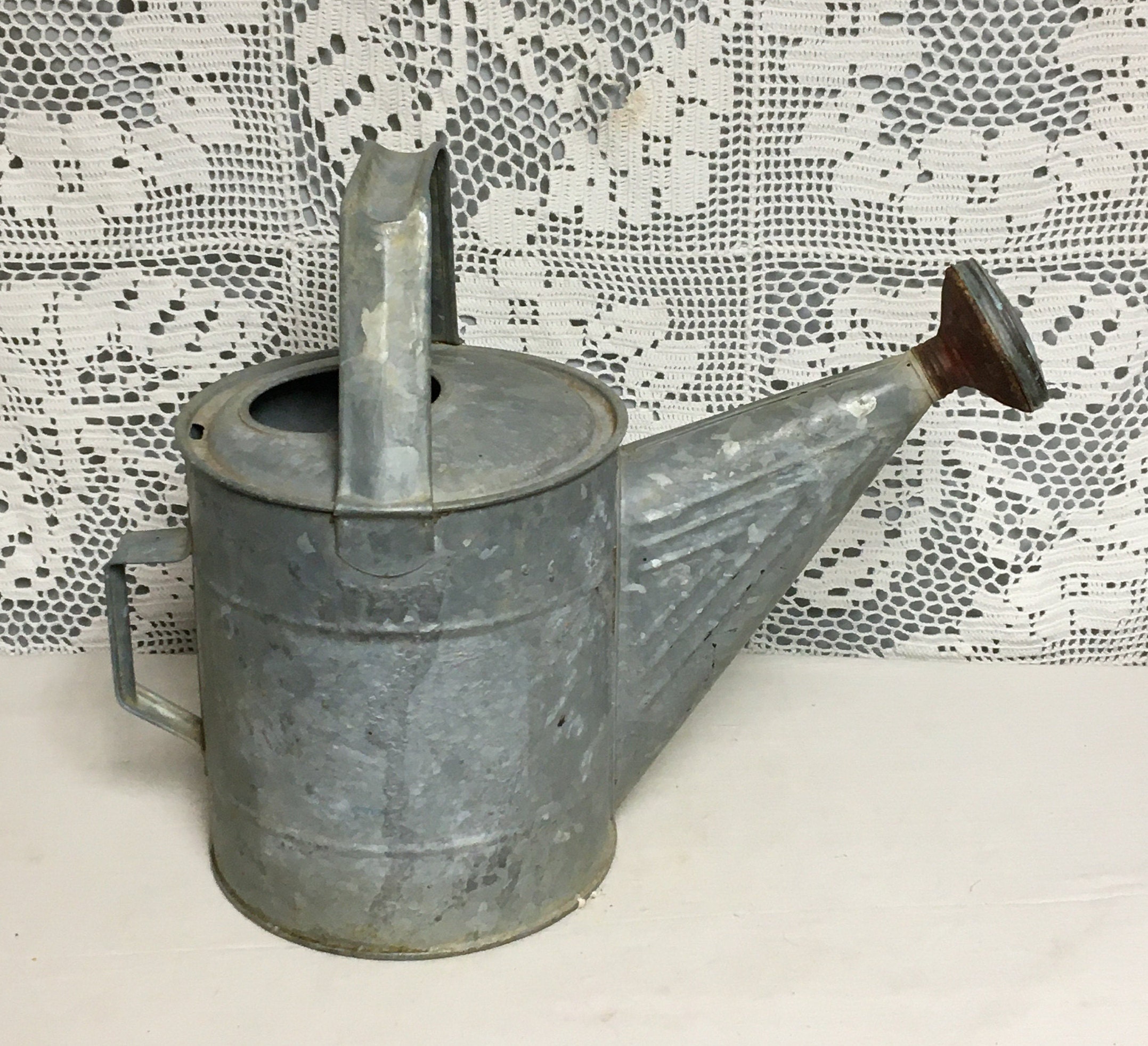 1950's Galvanized Metal Watering Can with 2 Handles & Copper Spout Head