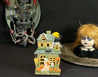 Halloween Cast Iron Tealight Holder, Haunted House Candle Holder, 1990