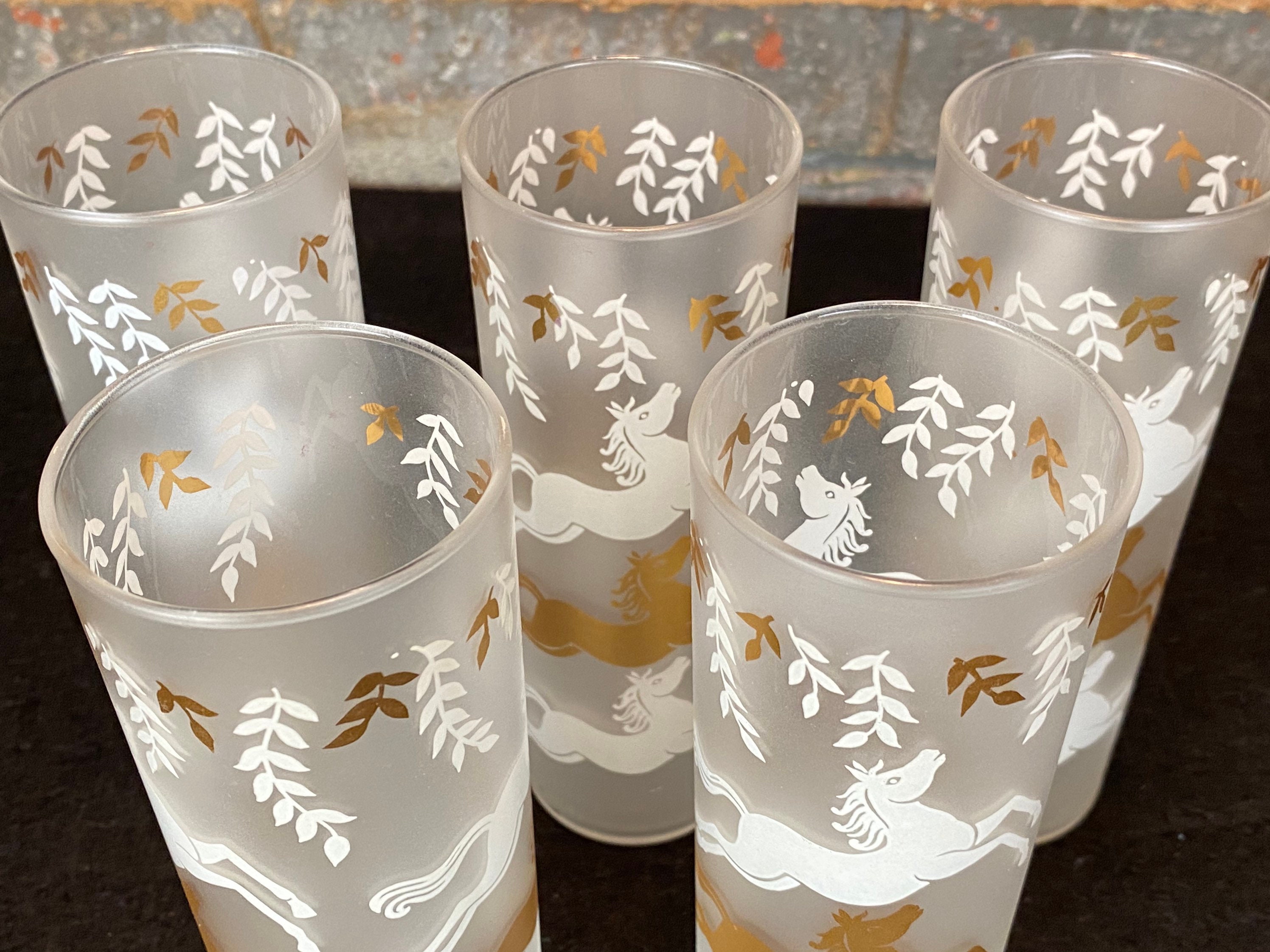 5 Mid Century Frosted Highball Glasses with 3 Deer, Set of 5 Tom