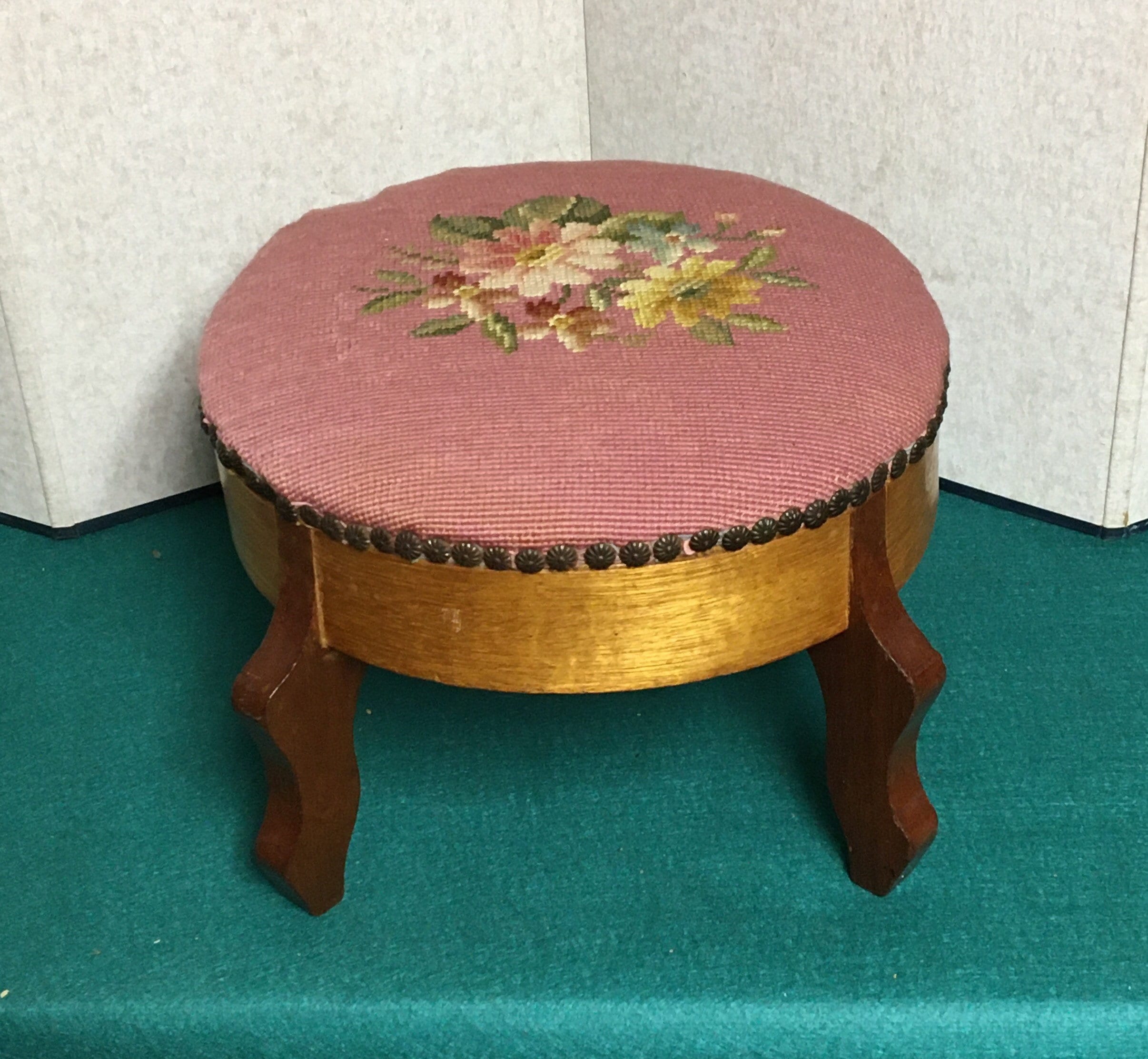 Round Needlepoint Footstool With Wood Base and Legs, Upholstered Top