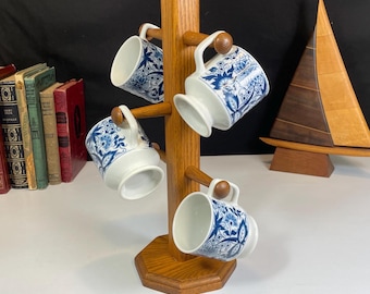 Vintage blauwe mokken met bloemenvoet - set van 4