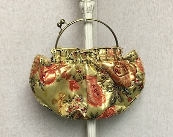 Ins Gold Satin Fabric Purse with Sequins and Beads, Handbag with Metal Handles with Kiss Lock Clasp