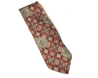 Etienne Aigner Silk Tie, Red and Brown Mosaic Style Pattern