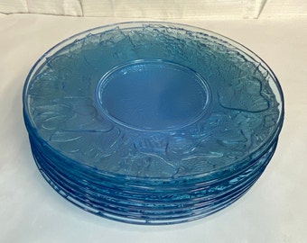 Dinner Plates, KIG Indonesia Blue, Pressed Glass, Embossed Fruit Pattern, Set of Eight (8 ) Dinner Plates