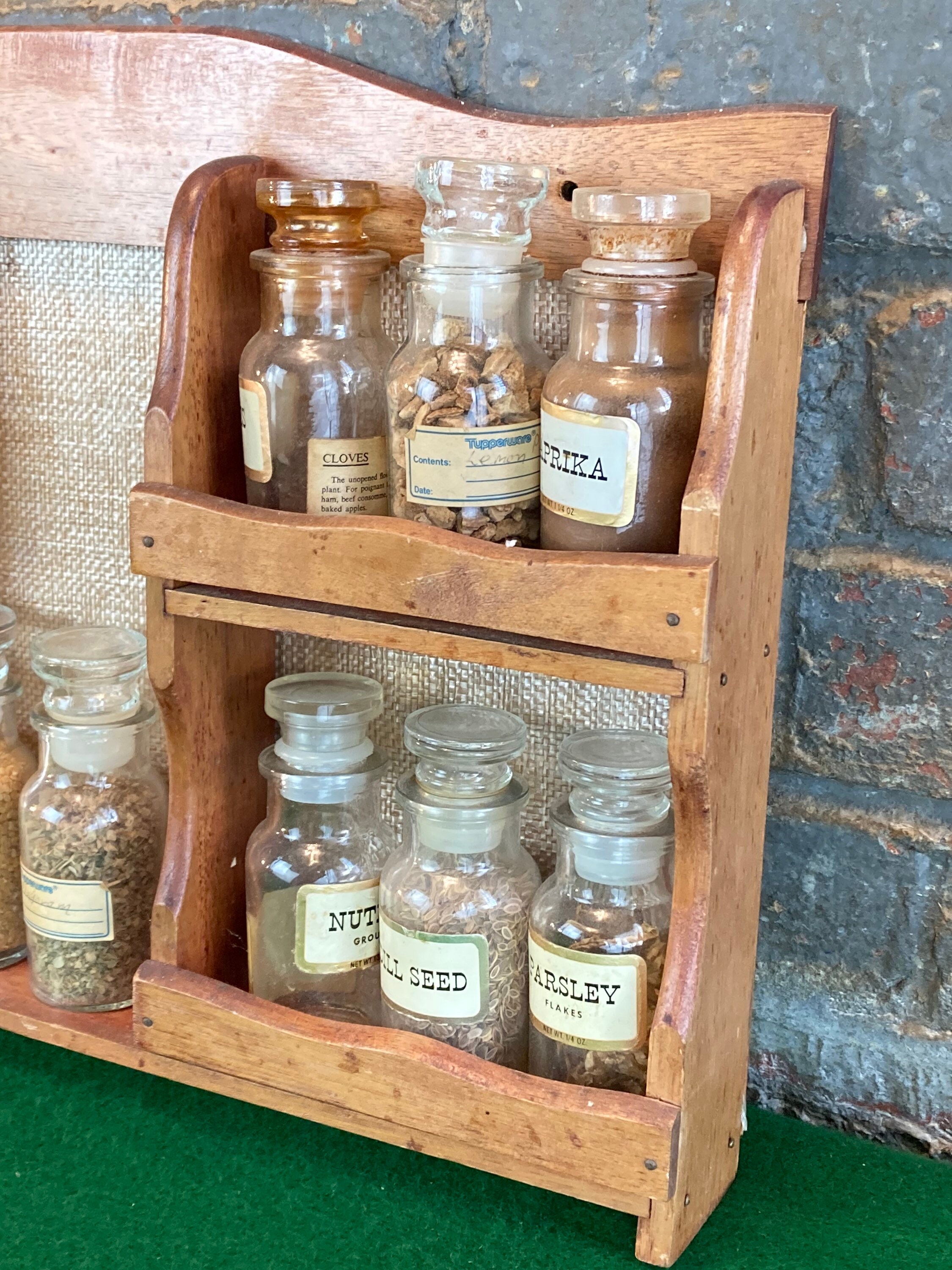 Vintage Wooden Spice Rack with 8 Apothecary Spice Jars Mid Century 1960