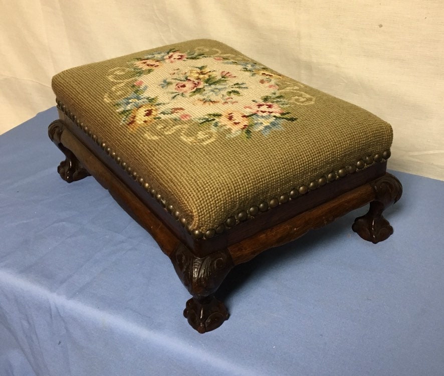 Victorian Needlepoint Footstool with Claw Feet, Queen Anne Style Wooden