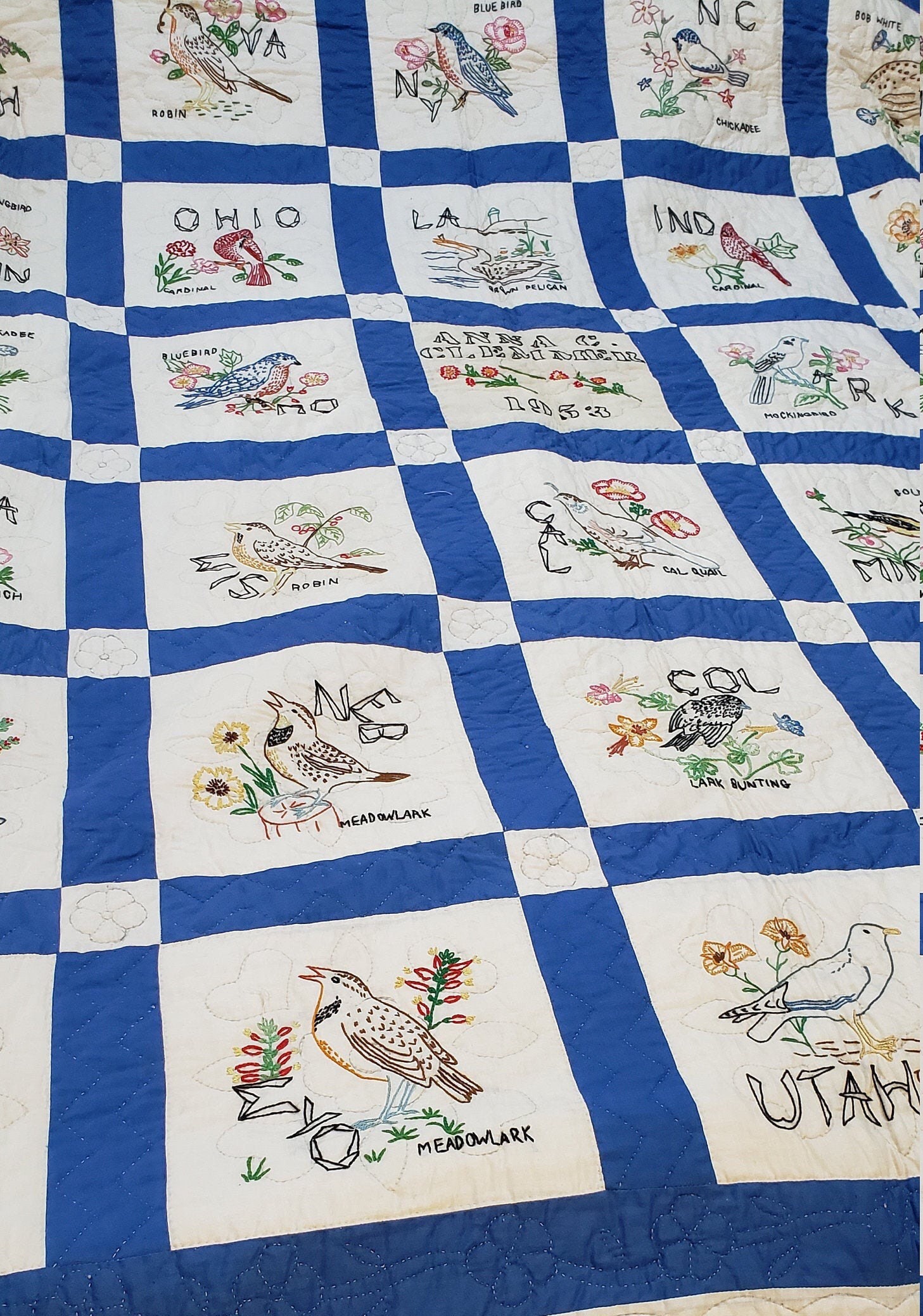 reserved handmade state bird quilt with 48 states hand embroidered