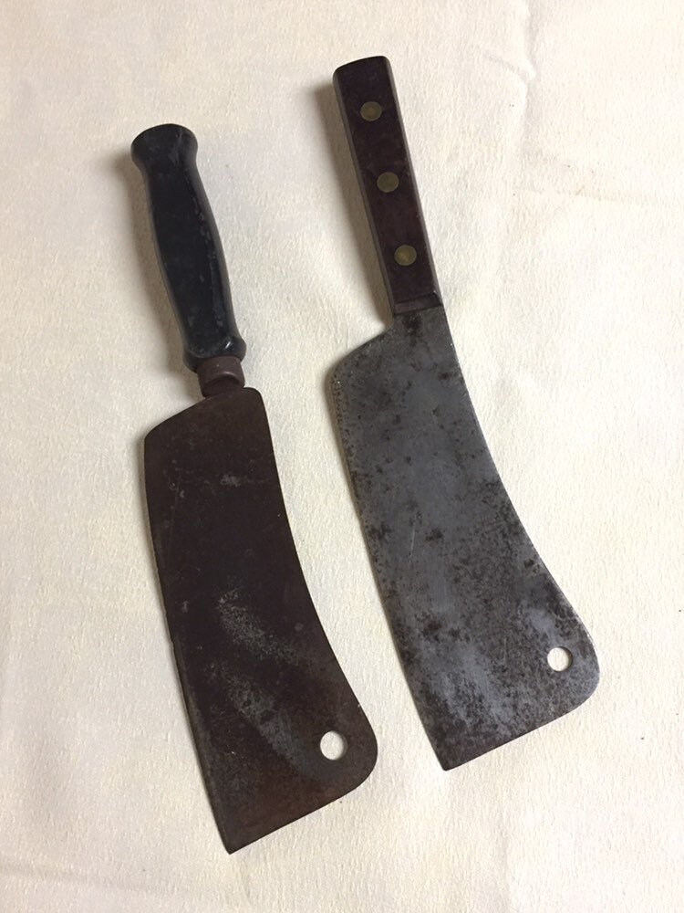 2 Vintage 7 Meat Cleavers with Wooden Handles, Brass Riveted Handle