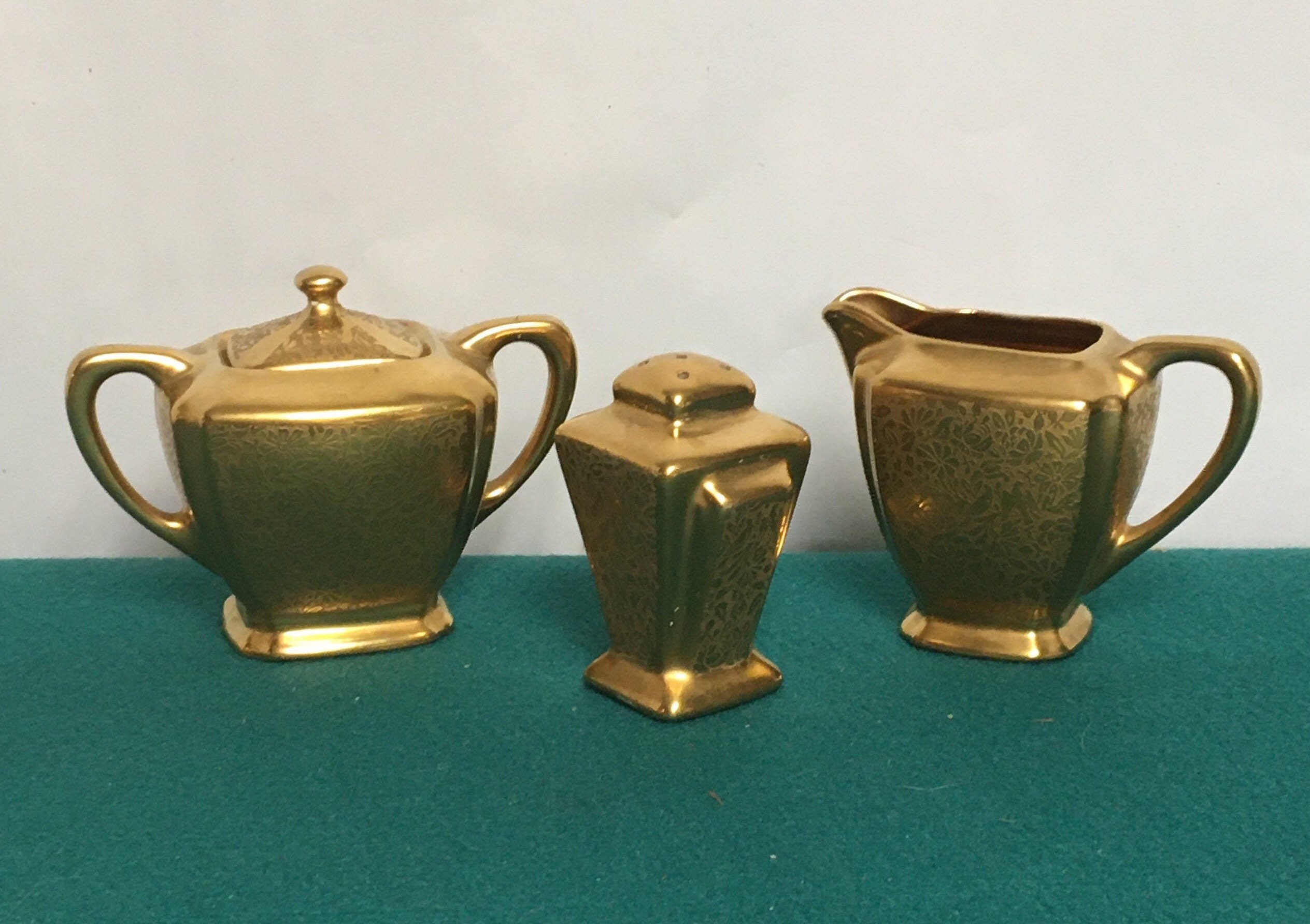 Wheeling Gold China Creamer, Sugar Bowl and Salt Shaker, Marked 1253