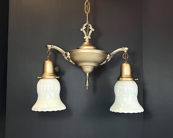 Antique 2 Light Chandelier Pendant Light w/ Glass Shades: Victorian